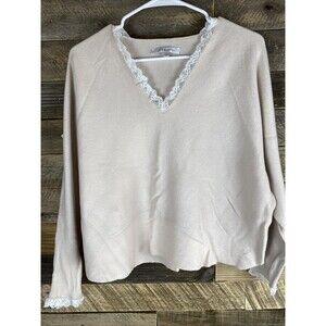 Sioni Milano Women's Sz L Beige With Lace Accents Long Sleeve V-Neck Sweater